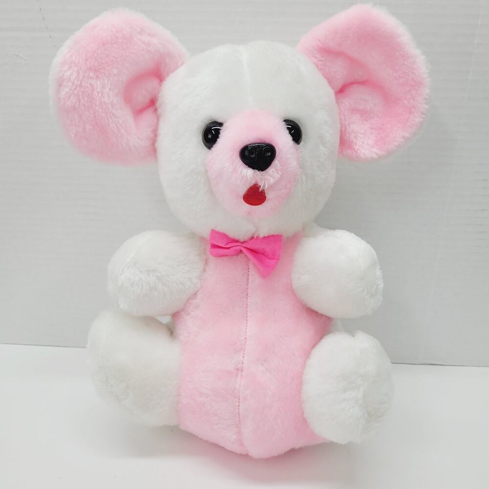 Vintage White Pink Teddy Bear with Bowtie Plush Stuffed Animal Toy ACME Premium